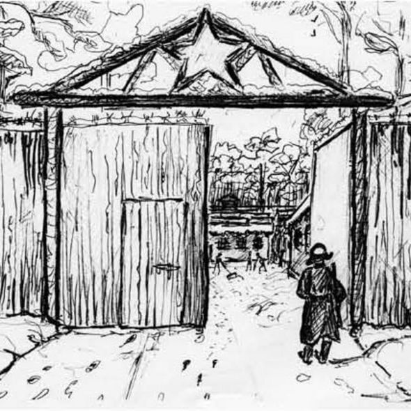 Tor des sowjetischen Speziallagers Nr.6 in Jamlitz, Zeichnung von Helmuth Dommain, 1950 (© Privatbesitz) Tor des sowjetischen Speziallagers Nr.6 in Jamlitz, Zeichnung von Helmuth Dommain, 1950 (© Privatbesitz)